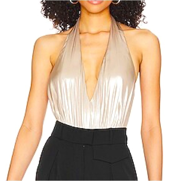 New AllSaints Dora Halter 6 / Sm Champagne Black Satin V-Neck Open Back Bodysuit - Picture 7 of 11